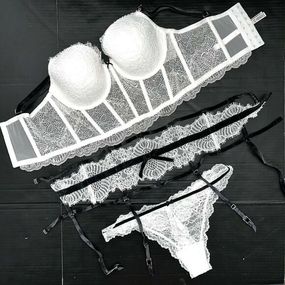 Victoria's Secret 38D CORSET TOP BRA SET+garter+XL thong black WHITE lace velvet